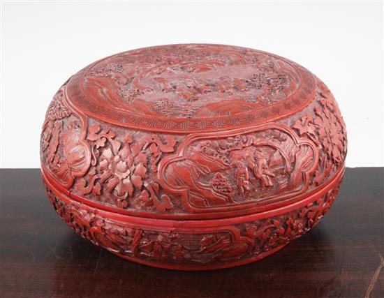 A Chinese cinnabar lacquer box and cover, 19th century, 26cm., restorations